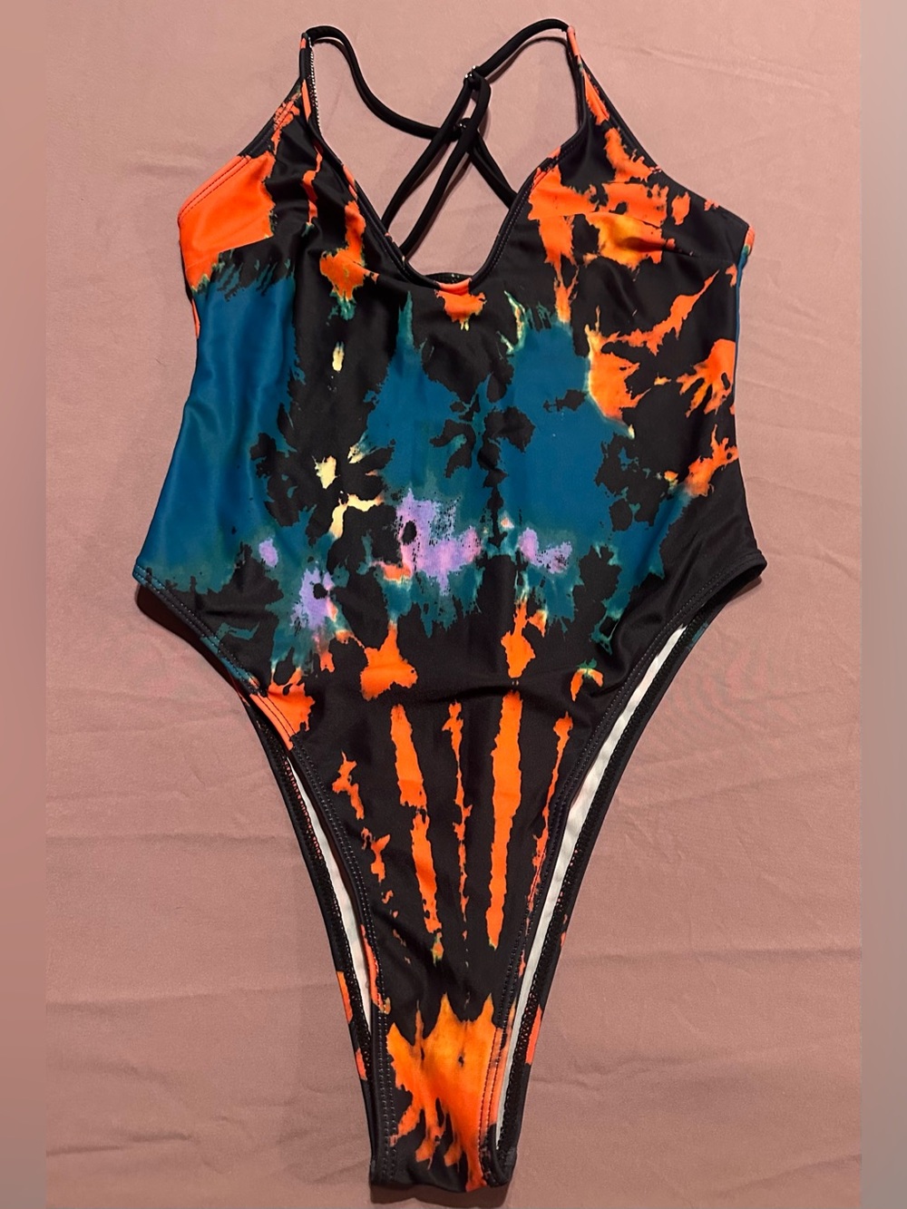 Womens One-Piece High Cut Swimsuit in Black with Orange and Teal Tie-Dye, S